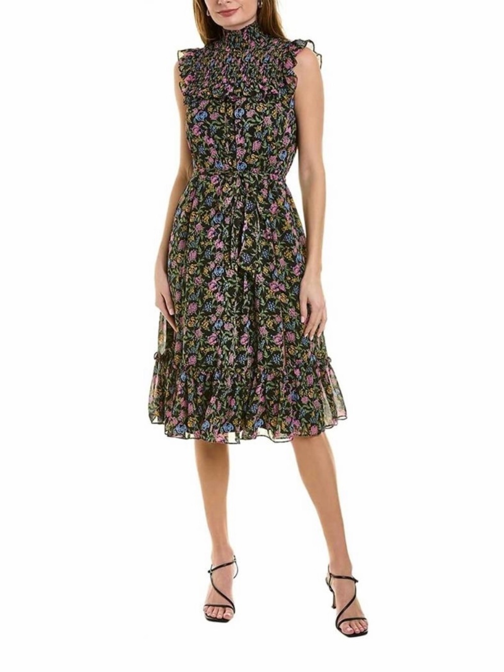 Likely Gio Black Floral Smocked-Neck Sleeveless Midi Dress
